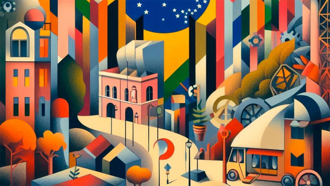 Imagem criada por Microsoft Copilot, representando os desafios da pandemia para a produção cultural brasileira em uma obra de arte no estilo modernista.